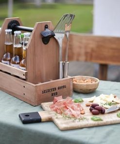 Wooden Grill Caddy Organizer – Versatile BBQ Caddy for Outdoor grill – Portable rustic wood condiment and paper towel holder with bottle opener for picnic and grilling 2