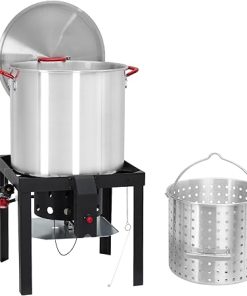60 Qt Seafood Boil Pot, ACONEE Aluminum Crawfish Boiling Kit with Steam/Boil Basket & Strainer, 110000 BTU Propane Jet Burner & Lifting Hook, 10 PSI Regulator, Outdoor Cooking Shrimp Crab Boiler