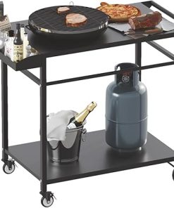 Koutemie Outdoor Grill Cart Table with 4 Wheels for Blackstone 17" or 22", Movable BBQ Food Prep Table Top, Double-Shelf Metal Pizza Oven Worktable with Spice Tray for Patio, Backyard, Black