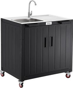 Freestanding Grill Cart with Sink and Cabinet, Movable Outdoor Cart Table with 304 Stainless Steel Sink, Outdoor Grill Cart,Outdoor Grill Station with Wheels, L35.4” x W24”