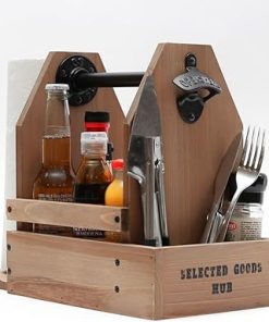 Wooden Grill Caddy Organizer - Versatile BBQ Caddy for Outdoor grill - Portable rustic wood condiment and paper towel holder with bottle opener for picnic and grilling