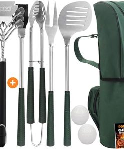 POLIGO 18" Safe Grill Brush and Scraper Bristle Free for All Grills Bundle with 7PCS Golf-Club Style Grill Accessories Set with Rubber Handle - Grilling Set Ideal Christmas Birthday Gifts for Men Dad