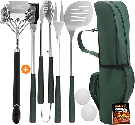 POLIGO 18″ Safe Grill Brush and Scraper Bristle Free for All Grills Bundle with 7PCS Golf-Club Style Grill Accessories Set with Rubber Handle – Grilling Set Ideal Christmas Birthday Gifts for Men Dad POLIGO 18" Safe Grill Brush and Scraper Bristle Free for All Grills Bundle with 7PCS Golf-Club Style Grill Accessories Set with Rubber Handle - Grilling Set Ideal Christmas Birthday Gifts for Men Dad