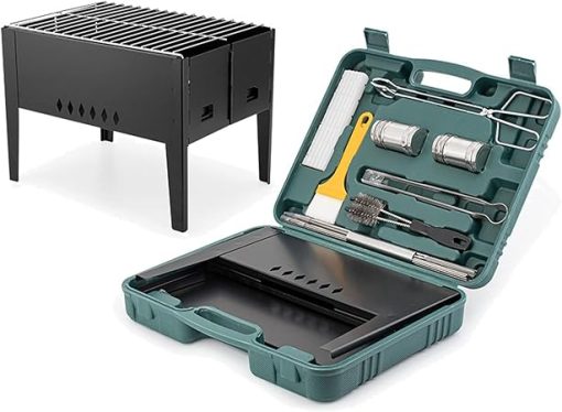 SEFAX BBQ Tools Set with Foldable Grill and Storage Case, Grill Accessories, Portable Grilling Utensil Kit - Camping Kitchen Utensil Set for Cooking and Camping Grilling Accessories