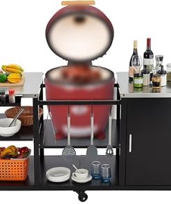 Grill Table for Egg Style Kamado Griller, Heavy Duty Outdoor Grill Station Prep Table, Spacious 20x24 Inch Prep Surfaces, Storage Compartments and Tool Hooks