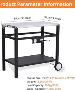 Dining Cart,Outdoor Grill Cart,Stainless Steel,with 4 Hooks, Double-Shelf,Side Handle,Wheels,Cooking Table for Outdoors, Kitchen or Backyard, Movable BBQ Trolley,Multifunctional and Commercial 2