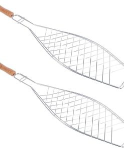 Mikikit 2Pcs Metal Non Stick Barbecue Tool with Wooden Handle for Outdoor Grilling for Camping and Picnics Fish Barbecue Basket Durable and Compact Design