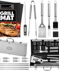 23pc Must-Have BBQ Grill Accessories Set with Thermometer in Case – Stainless Steel Barbecue Tool Set with 2 Grill Mats for Backyard Outdoor Camping – Father’s Day Best Barbecue Gift 2