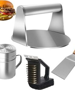 Burger Press Tool Kit, Stainless Steel Smash Burger Press, Grill Spatula, Spice Dredge Shaker and Grilling Brush - Burger Smasher Griddle Accessories Kit, Gift Package