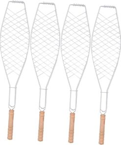 4Pcs Fish Grill Clip with Wooden Handle Durable Grilled Net for Bbq Camping and Picnics Compact Outdoor Barbecue Tool for Grilling Fish and Vegetables