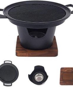 Japanese Style BBQ Grill, Portable Charcoal Grill Pan Food BBQ Plate with Wooden Base, Household Mini Alloy Cooking Pan Pot Barbecue Tools