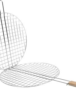 Stainless Steel Round Grill Basket with Wooden Handle Outdoor Barbecue Accessory Fish Meat Grilling Rack Easy to Clean Versatile Cooking Rack