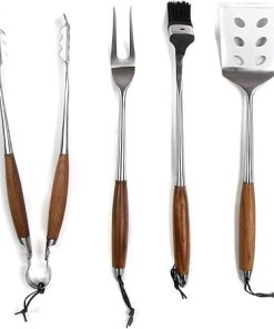 Schmidt Brothers – BBQ Bonded Teak 4 Piece Grilling Accessory Set, Full-Forged Stainless Steel Grilling Utensils Including Spatula, Fork, Basting Brush, and Tongs with All Wood Handles 2