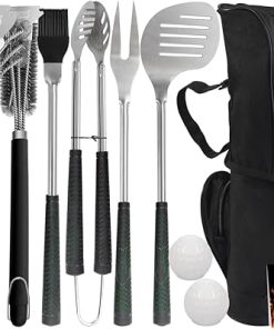 POLIGO 7PCS Golf-Club Style Grill Tools Kit with Rubber Handle Bundle with 2 Different Types Safe Grill Brush And Scraper for All Grills - Ideal Birthday Christmas Grilling Gifts for Men Dad Women