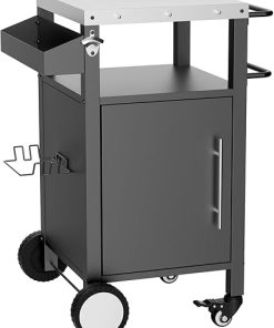 Outdoor Grill With Storage, Rolling Bbq Bar, Patio With Hooks & Spice Rack For Grilling Accessories, Black + Silver (1 Door) (1 Doors)