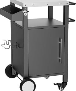Outdoor Grill Cart with Storage, Stainless Steel Rolling BBQ Cart with Spice Rack, Hooks and Trash Bag Holder, Mobile Kitchen Island and Prep Station for Patio, Backyard