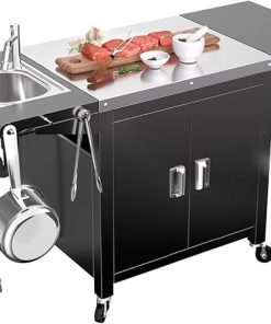 Grill Table with Sink, Outdoor Bar Cart Grill Station, Modular Outdoor Kitchen Island with 100-Gallon Storage Cabinet, 304 Stainless Steel Top, Pizza Oven Table for Lawn & Garden, L60” x W25”