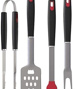 BBQ Grill Tools - Premium Grilling Set Kit - 4 Piece Utensils Spatula, Tongs, Fork, Basting Brush - Heavy Duty Stainless Steel Barbecue Accessories - Gift for Him Men