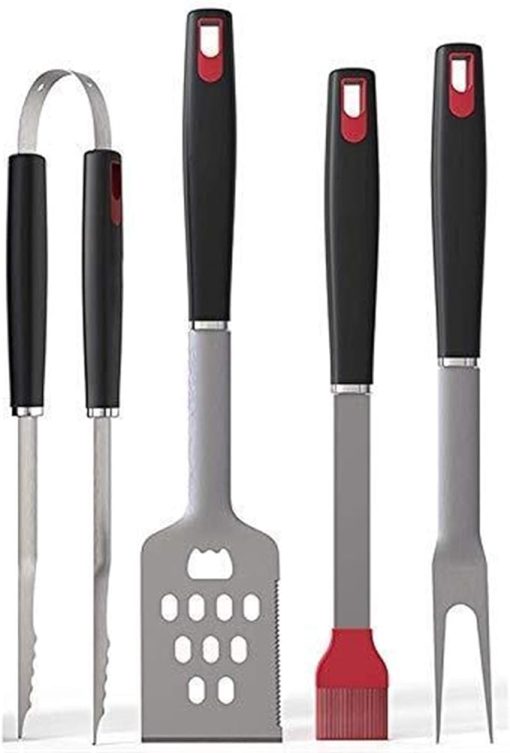 BBQ Grill Tools - Premium Grilling Set Kit - 4 Piece Utensils Spatula, Tongs, Fork, Basting Brush - Heavy Duty Stainless Steel Barbecue Accessories - Gift for Him Men
