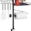 BBQ Grill Caddy Organizer, Complete Outdoor Cooking Station with Paper Towel Holder, Condiment Jar, and Tool Hooks, C-Clamp Base for Camping, Tailgating, and RV Use Black