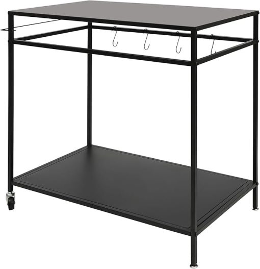 Stainless Steel Barbecue Cart with Wheels Heavy Duty 2 Story Outdoor Barbecue Multi Functional Cart, Mobile Kitchen Car with Storage Rack and Hook, Adjustable Feet for Terrace and Camping (Black)