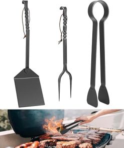 3PCs BBQ Accessories Set - Grill Spatula, Meat Fork, Grilling Tongs, Blacksmith Cooking Barbecue Tools Gift - Heavy Duty Hand Forged Handmade Craftsmanship Metal Rustic Outdoor Utensils