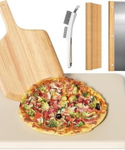 5 PCS Rectangle Pizza Stone Set, 16"Large Pizza Stone for Oven and Grill with Pizza Peel(OAK), Pizza Stone Brush,Pizza Cutter & 10pcs Cooking Paper for Free, Baking Stone for Pizza, Bread,BBQ