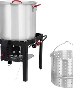 80 Qt Seafood Boil Pot, Aluminum Crawfish Boiler with Steam/Boil Basket & Strainer, 110000BTU Propane Jet Burner w/Support Rack & Lifting Hook, 0-10 PSI Regulator, Outdoor Cooking Shrimp Crab Boiler