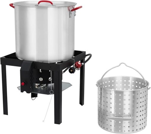 80 Qt Seafood Boil Pot, Aluminum Crawfish Boiler with Steam/Boil Basket & Strainer, 110000BTU Propane Jet Burner w/Support Rack & Lifting Hook, 0-10 PSI Regulator, Outdoor Cooking Shrimp Crab Boiler