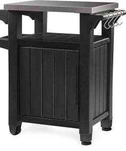 Keter Outdoor BBQ Grill Prep & Serving Cart, Stainless Steel Top, 40-Gal, Grey