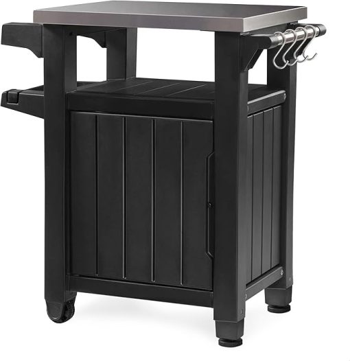 Keter Outdoor BBQ Grill Prep & Serving Cart, Stainless Steel Top, 40-Gal, Grey