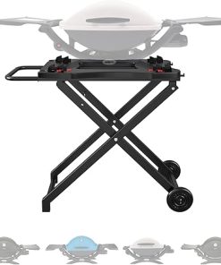 SafBbcue Outdoor Collapsible Grill Table for Weber Q Series Q1200 Grill, Foldable Grill Stand for Weber Q1000 Q2000 Q2200 Table Top Grill Accessories with Transport Handle and Wheels