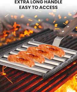 Hot Dog Roller Sausage Roller Rack, 2025 Upgraded Hot Dog Roller for Grill, Stainless Steel Sausage Roller Rack with Extra Long Wood Handle, for Outdoor Cooking and Barbecue Essentials Tool (2) 2