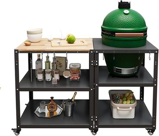 Grill Table for Big Green Egg Accessories,Compatible with L to Mini Models Big Green Egg,Kamado Joe,Heavy Duty Metal Outdoor Grill Station Prep Table with Storage