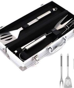 3Pcs BBQ Grill Cooking Utensils Tool Set Stainless Steel Barbeque Accessories -Tool Kit Tongs, Spatula Meat Fork with Portable Case for Cooking, Backyard Barbecue, Outdoor Cam