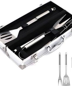3Pcs BBQ Grill Cooking SILS Tool Set Stainless Steel Barbeque Accessories -Tool Kit Tongs, Spatula Meat Fork with Portable Case for, Backyard Barbecue, Outdoor Cam