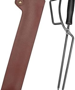 Charcoal Fire Clip Fire Place Log Tongs with Leather Case for Indoor Fire/Fire Pits Accessories/Tongs for Outdoor Stove/Firewood Tongs/Campfire Tongs-Dark Brown
