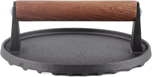 Akozon Round Cast Iron Grill Press, BBQ Steak Meat Press Tool - Barbecue Roast Fried Meat Pressure Accessory with Wooden Handle, Kitchen Utensils, BBQ Tool