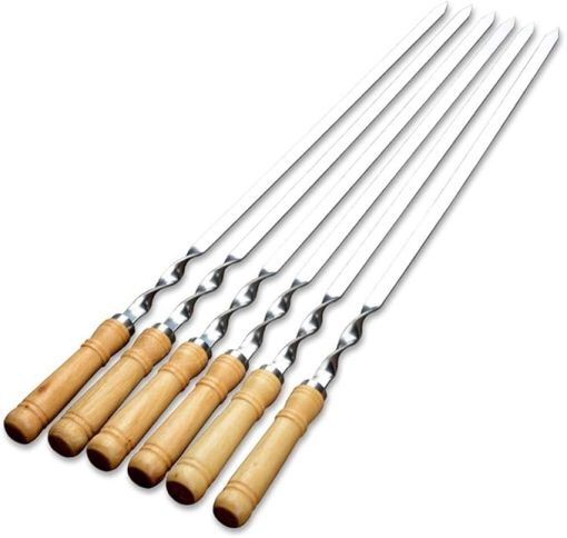 12pcs BBQ Skewer Stainless Steel BBQ Fork Set Long Flat Wood Handle Barbecue Needle Meat Grill Outdoor Tool