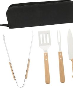 Outdoor BBQ Grill Tools Kit 4 Stainless Steel Utensils Wood Handle for Camping Picnic