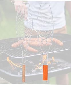 SUPVOX 2Pcs Net Rack Grill Basket Outdoor Barbecue Tool with Wooden Handle for Fish and Breads Thick Thin Design Easy to Clean and Store for Camping and Home 2