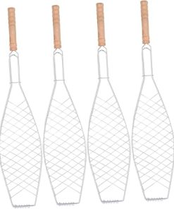4Pcs Fish Grilling Basket with Wooden Handle Non Stick Bbq Clip for Outdoor Barbecue Camping and Picnic for Steaks Sausages and More