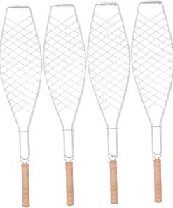 Yardwe 4Pcs Non Stick Fish Grill Clip with Wooden Handle Portable Barbecue Tool for Camping and Outdoor Picnics for Grilling Fish Steaks and Vegetables Random Handle Color