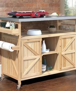 Outdoor Garden Patio Party BBQ Grill Cart Side Table, Home Rolling Kitchen Island with Stainless Steel top, Shelves, Storage Cabinet, Spice Rack, Towel Rack（Natural Wood）