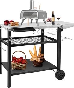 EDOSTORY Outdoor Grill Cart Pizza Oven Stand, Three-Shelf Stainless Steel Food Prep Table Patio BBQ Grill Table Bar Cart Kitchen Island with Wheels
