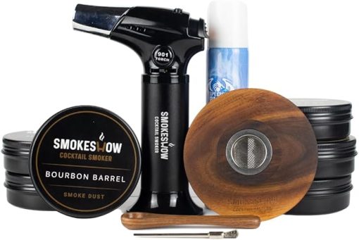 Smokeshow Walnut Wood Cocktail Smoker Kit with Torch & Butane. Six 4 oz. Wood Chips Flavors, Apple, Hickory, Cherry, Bourbon Soaked Oak, Maple & Mesquite. (6-Pack)