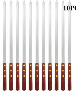 10PCS Stainless Steel Skewers Reusable Thicken Barbecue Sticks Wooden Handle Perfect Outdoor BBQ Vegetables Beef Tools 2