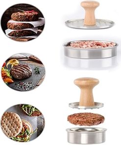 (2Pcs) Non-Stick Burger Press | Hamburger Patty Maker | Food Grade | Heavy Duty Stainless Steel | with Wooden Handle | Barbecue Grilling Accessories and Kitchen Tool