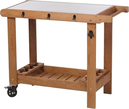 Outdoor Wooden Grill Cart Table with Wheels, Metal Top and Storage, for Patio Backyard Garden BBQ