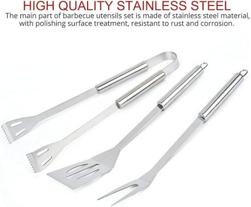 3 Pcs Stainless Steel Barbecue Tools Set - Barbecue Utensils Kit/Grill Cooking Tools - Portable BBQ Accessories with Sturdy Storage Box - Ideal BBQ Set Gifts on for Men W - Image 2